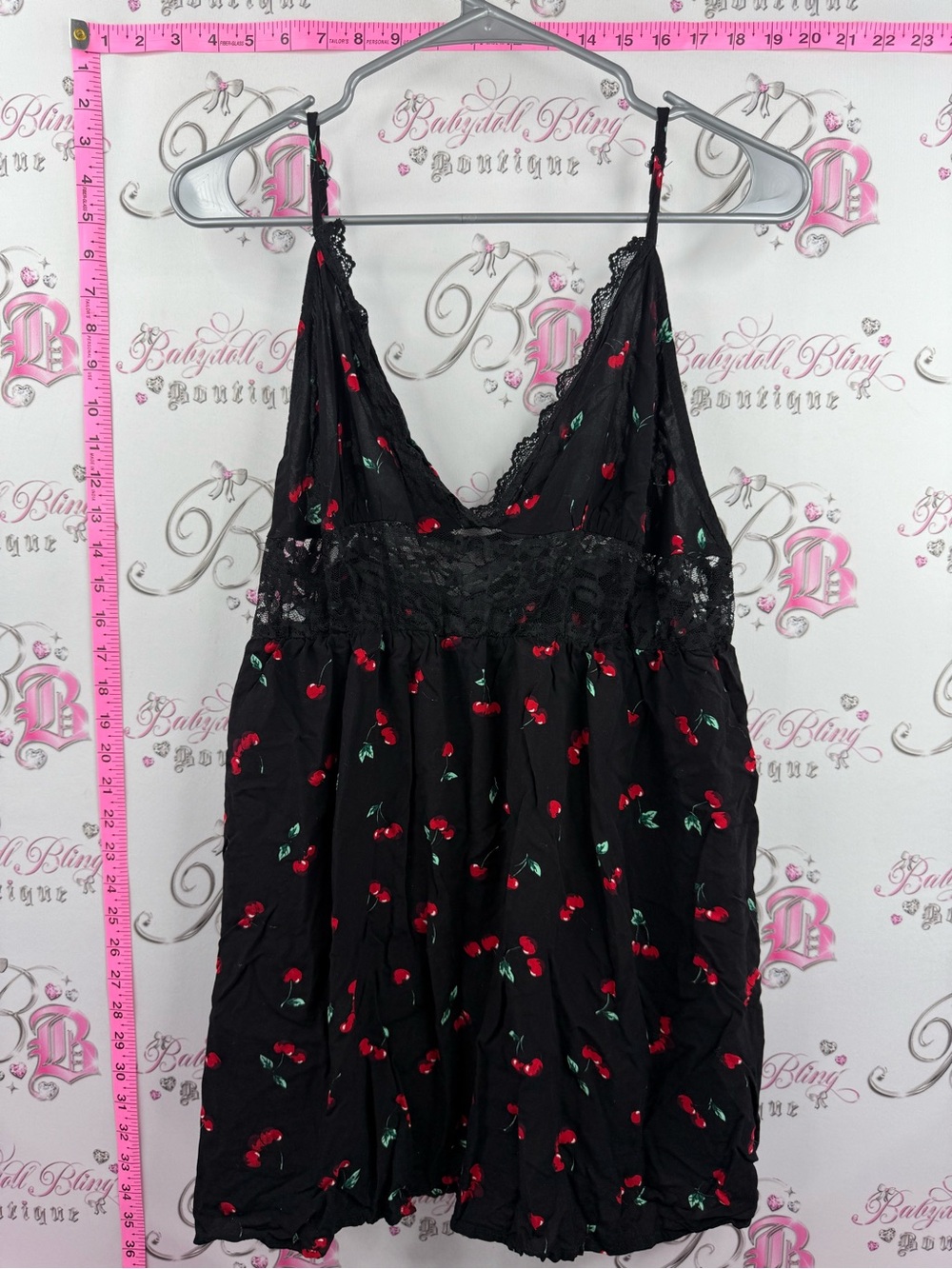 SHEIN tank top cherries lace Black Cherry Print Lace-Trim Chemise -